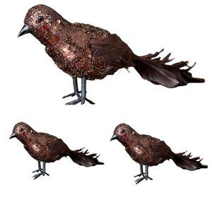 12" Vintage Bronze Sequin and Feather Bird Christmas Decorations - Set of 3